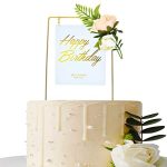 Gold Square Happy Birthday Cake Topper, Metal with Pink Artificial Flower Cluster and Acrylic