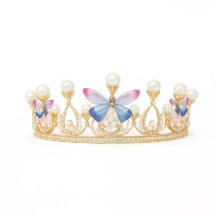 Gold Butterfly Pearl Tiara Crown with Crystals