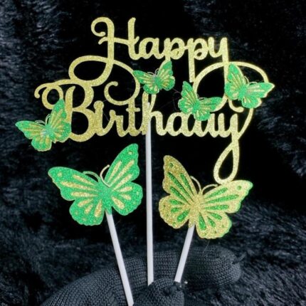 Green & Golden Glitter Happy Birthday Cake Topper With Butterflies